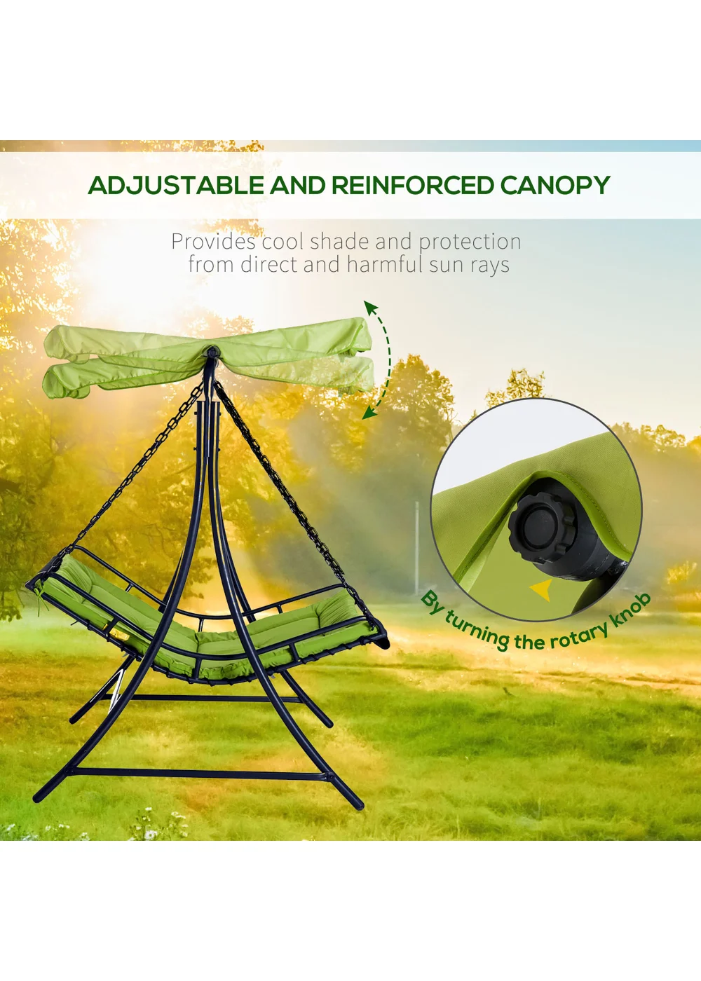 Outsunny 2 Seater Garden Swing Seat Bed, Sun Lounger with Adjustable Canopy Green - One Size Image 4