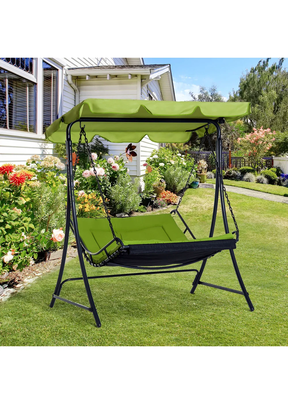Outsunny 2 Seater Garden Swing Seat Bed, Sun Lounger with Adjustable Canopy Green - One Size Image 1