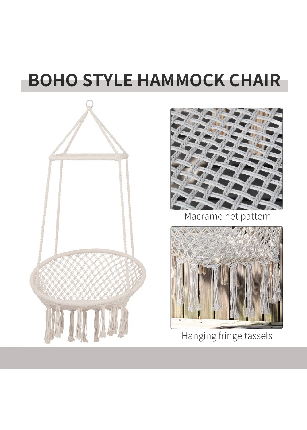 Outsunny Hammock Macramé Hanging Rope Chair Hanging Seat Rope Patio, Porch, Tree, Beige - One Size Image 4