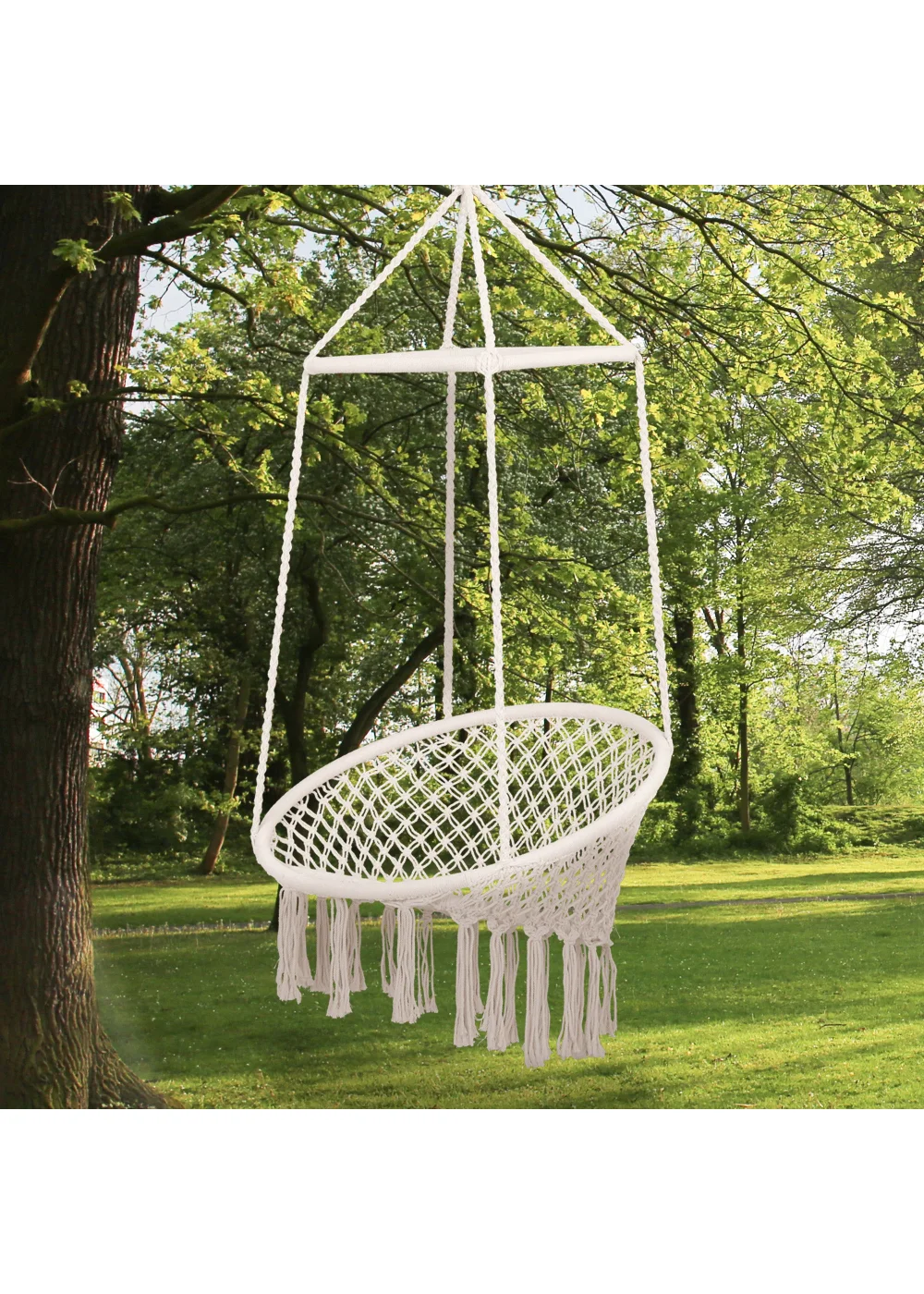 Outsunny Hammock Macramé Hanging Rope Chair Hanging Seat Rope Patio, Porch, Tree, Beige - One Size Image 1