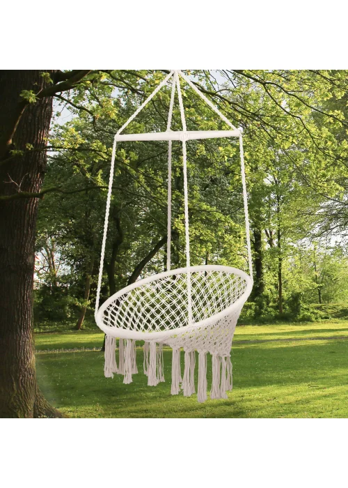 Outsunny Hammock Macramé Hanging Rope Chair Hanging Seat Rope Patio, Porch, Tree, Beige - One Size Image 1