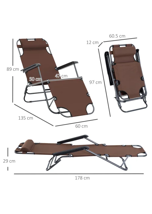 Outsunny 2 in 1 Sun Lounger Folding Reclining Chair Garden Adjustable Back with Pillow - One Size Image 3