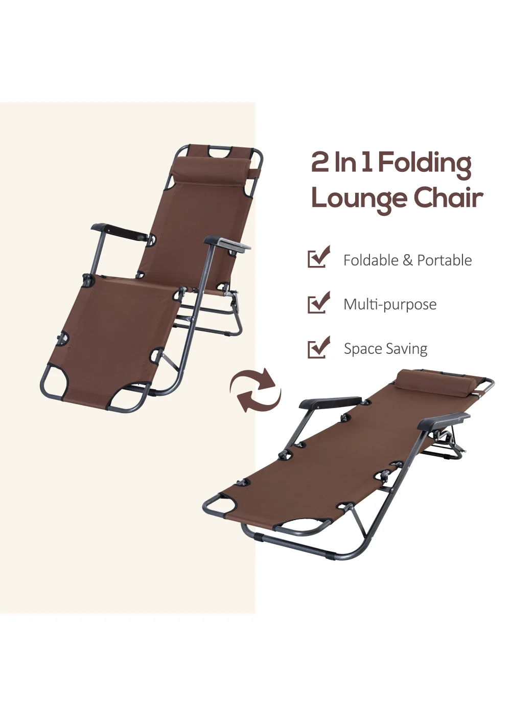 Outsunny 2 in 1 Sun Lounger Folding Reclining Chair Garden Adjustable Back with Pillow - One Size Image 4