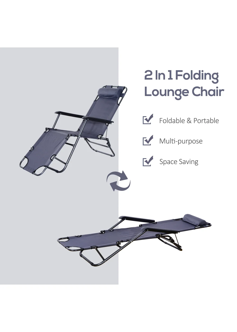 Outsunny 2 in 1 Sun Lounger Folding Reclining Chair Garden Adjustable Back with Pillow - One Size Image 4