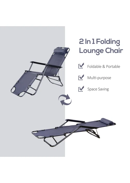 Outsunny 2 in 1 Sun Lounger Folding Reclining Chair Garden Adjustable Back with Pillow - One Size Image 4
