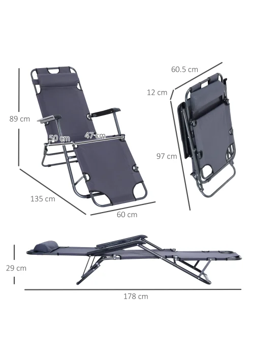 Outsunny 2 in 1 Sun Lounger Folding Reclining Chair Garden Adjustable Back with Pillow - One Size Image 3
