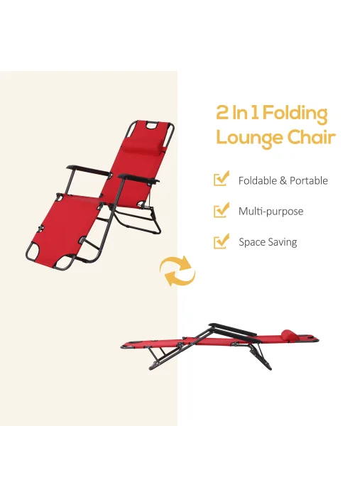 Outsunny 2 in 1 Sun Lounger Folding Reclining Chair Garden Adjustable Back with Pillow - One Size Image 4