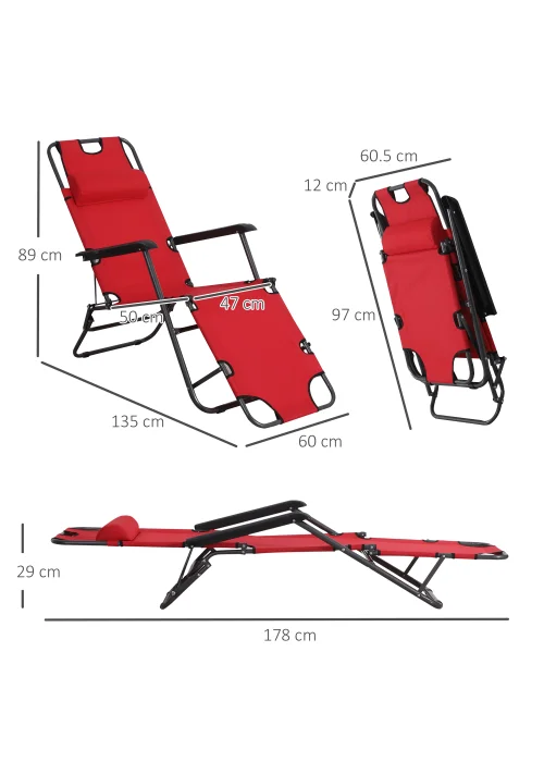Outsunny 2 in 1 Sun Lounger Folding Reclining Chair Garden Adjustable Back with Pillow - One Size Image 3