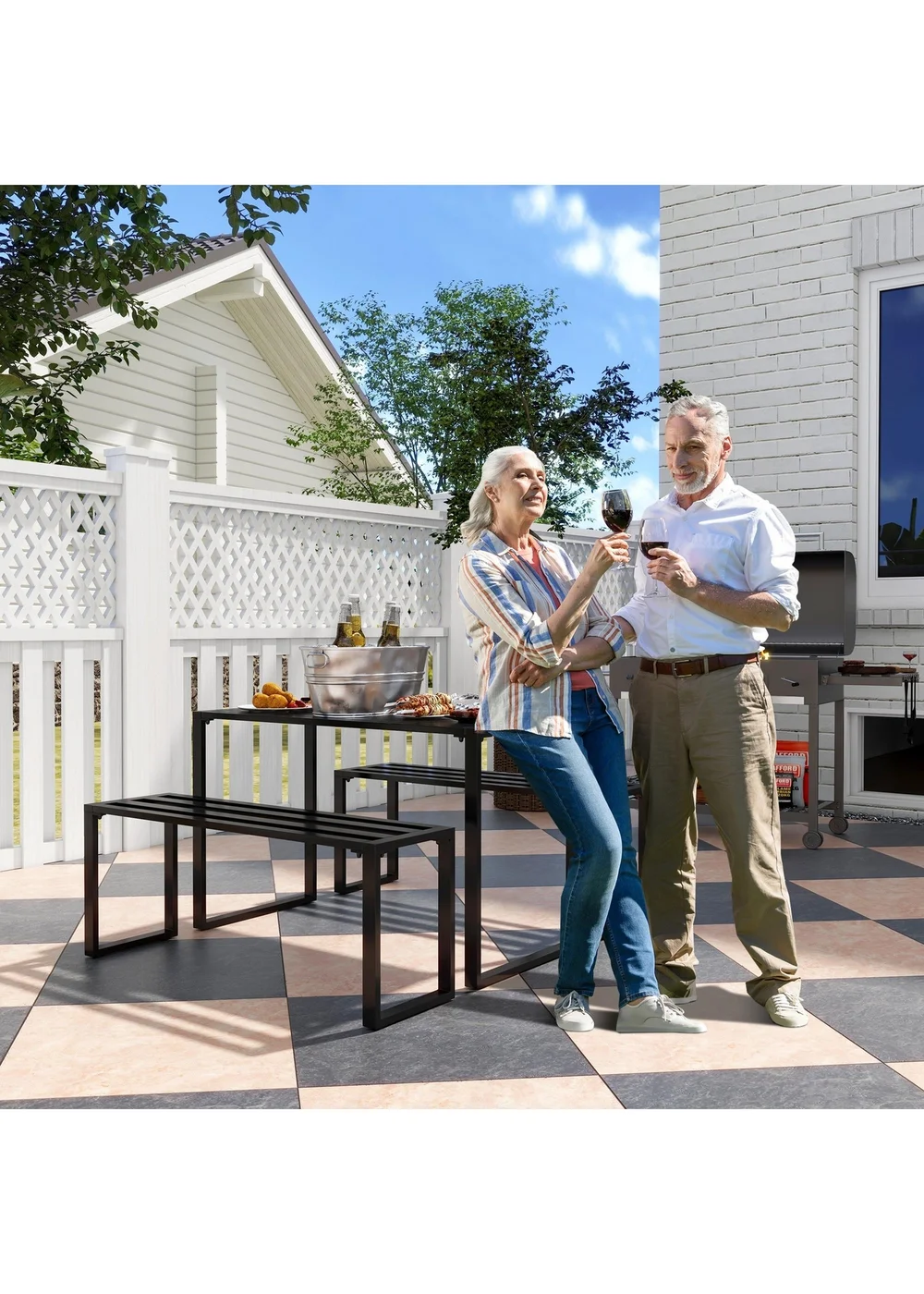 Outsunny 3Pcs Outdoor Dining Set Metal Beer Table Bench Patio Garden Yard - One Size Image 1