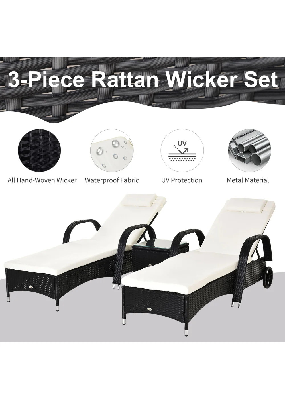 Outsunny 3 Pieces PE Rattan Patio Lounge Chair Set - No Size Image 4