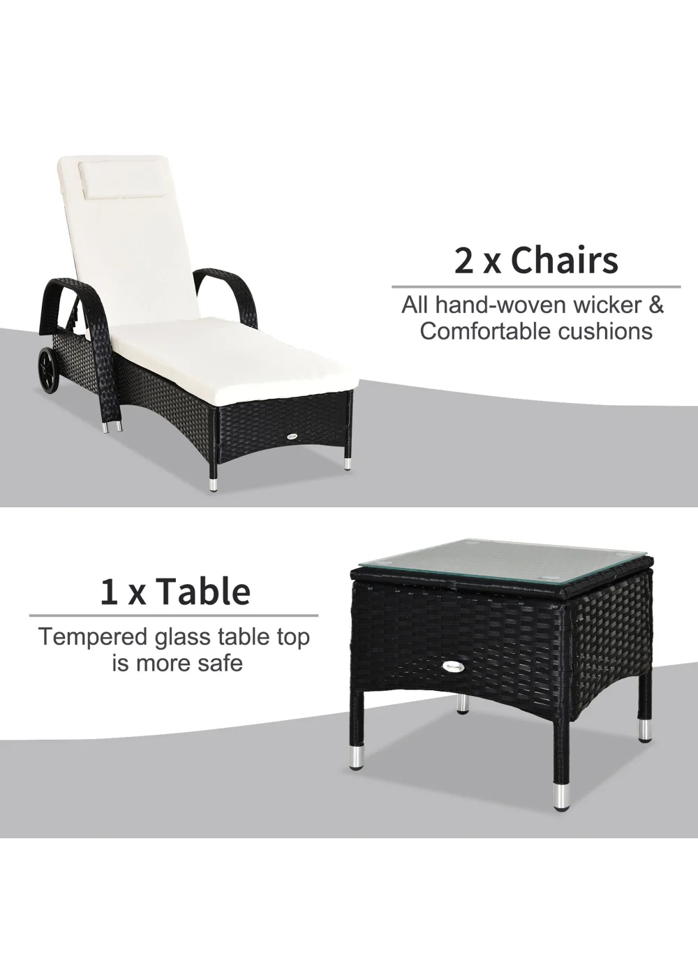 Outsunny 3 Pieces PE Rattan Patio Lounge Chair Set - No Size Image 5