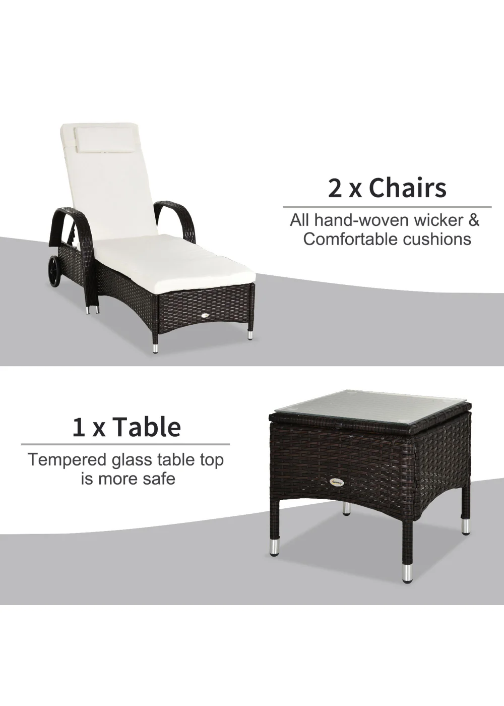 Outsunny 3 Pieces PE Rattan Patio Lounge Chair Set - No Size Image 4