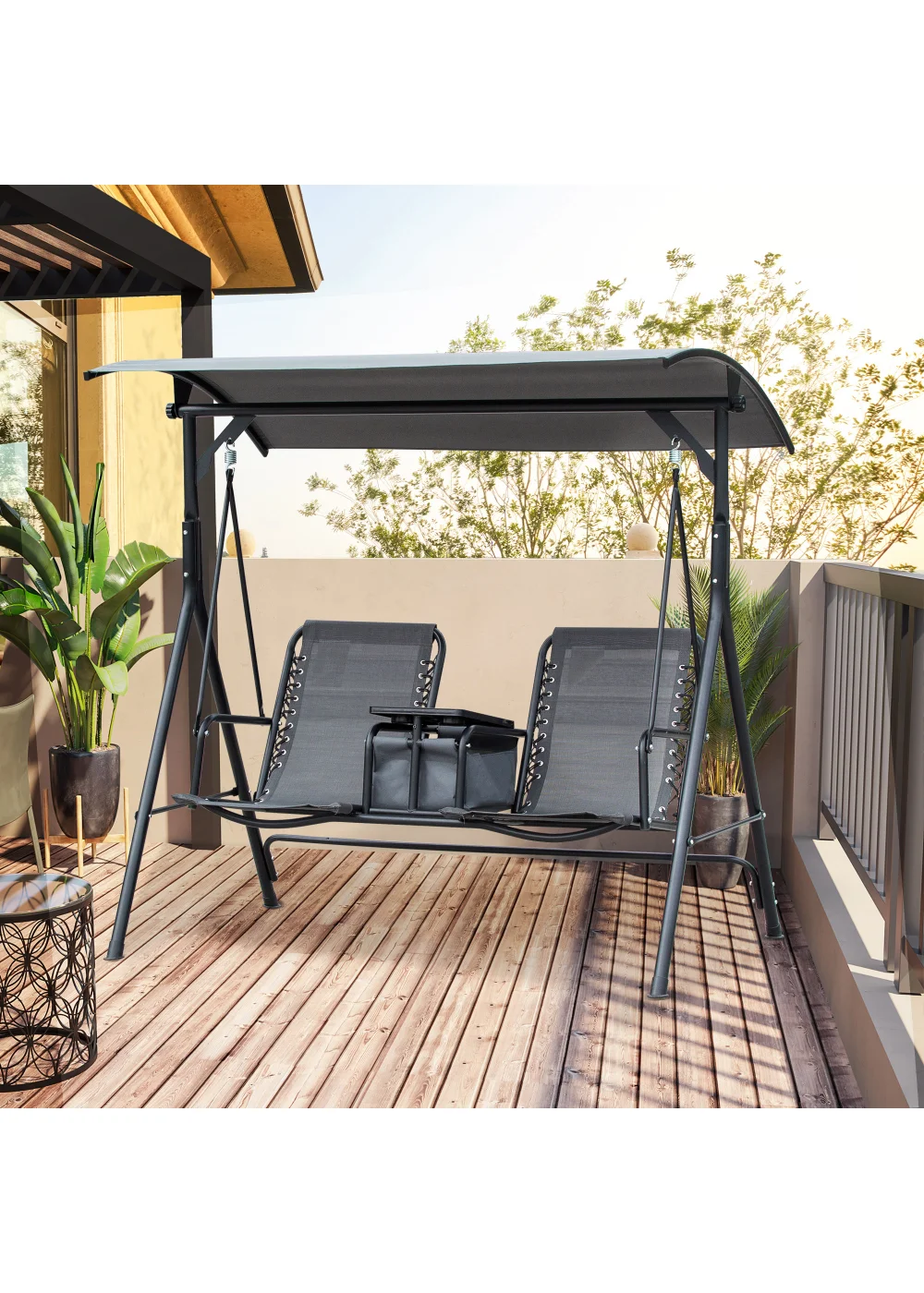Outsunny 2 Seater Swing Chair Garden Swing Seat with Adjustable Canopy Grey - One Size Image 1