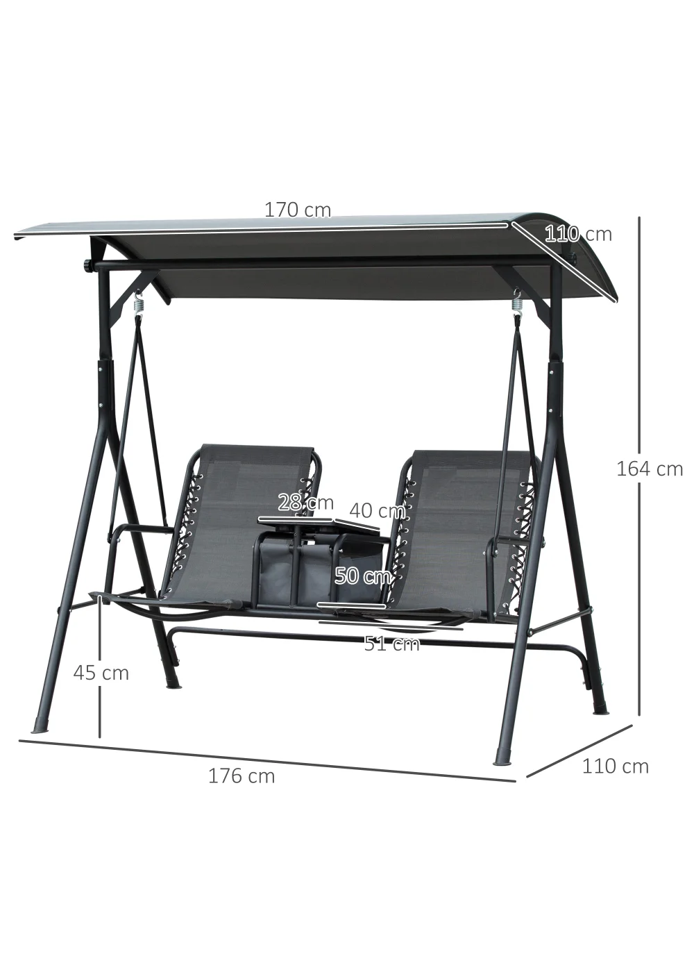Outsunny 2 Seater Swing Chair Garden Swing Seat with Adjustable Canopy Grey - One Size Image 3