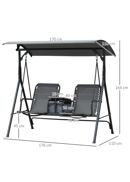 Outsunny 2 Seater Swing Chair Garden Swing Seat with Adjustable Canopy Grey - One Size Image 3