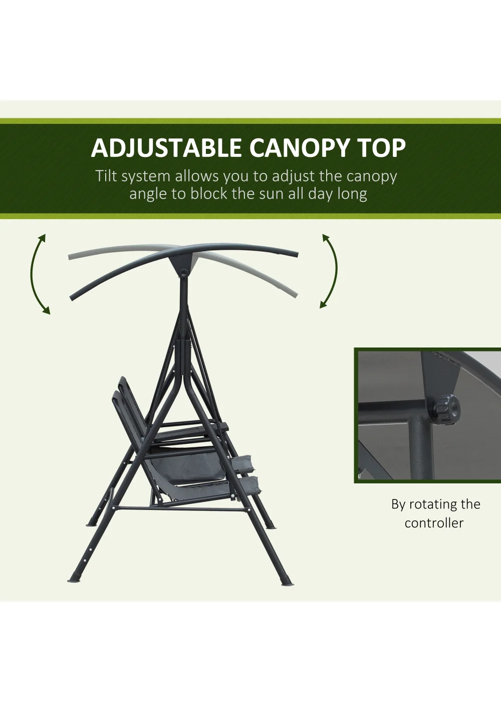 Outsunny 2 Seater Swing Chair Garden Swing Seat with Adjustable Canopy Grey - One Size Image 4