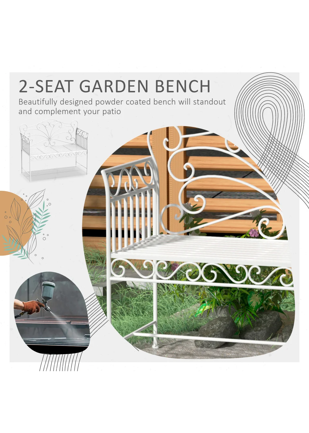 Outsunny Garden 2 Seater Metal Bench Park Seating Outdoor Furniture Chair - No Size Image 4
