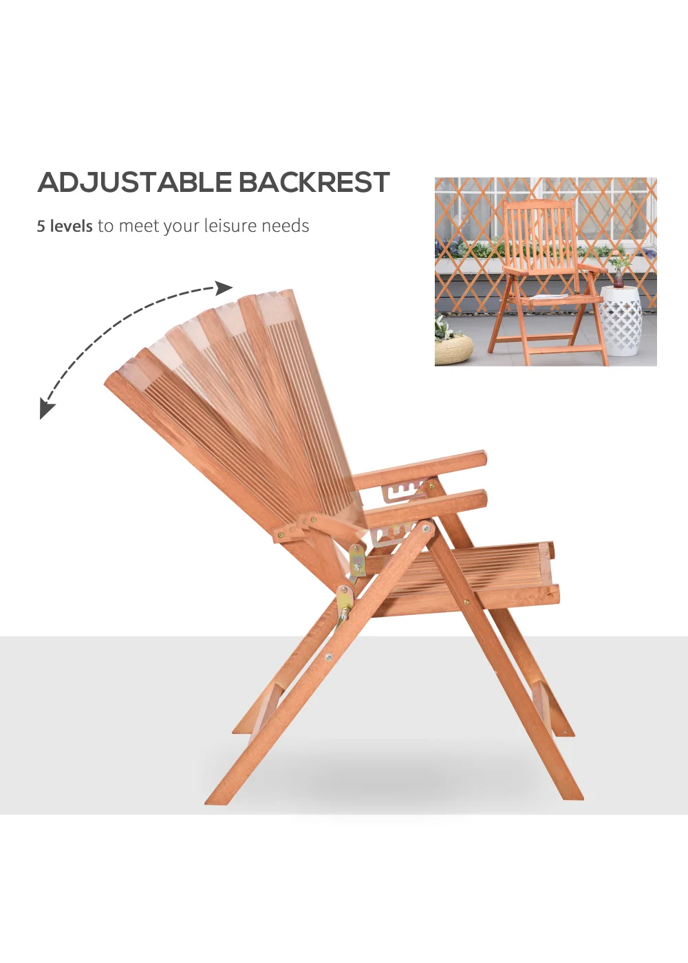 Outsunny 5-Position Garden Dining Chair Acacia Wood Outdoor Recliner - One Size Image 5