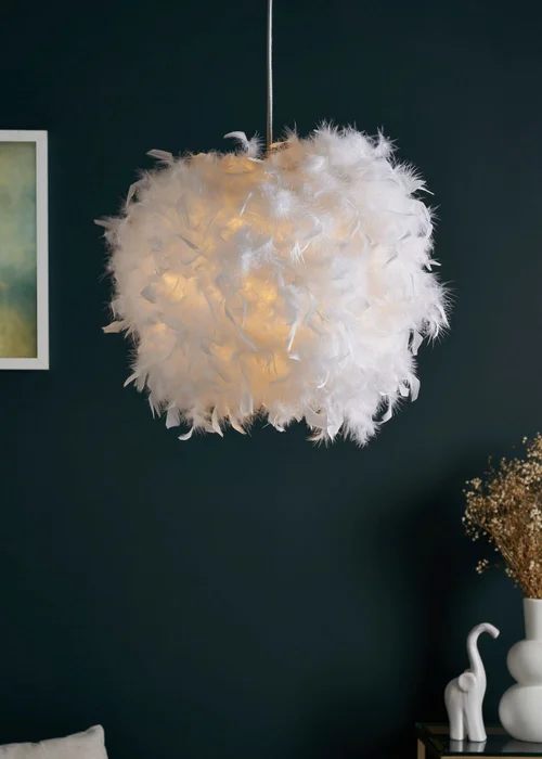 BHS White Plume Feather Ball Pendant Light (112cm x 40cm x 40cm) - One Size Image 2
