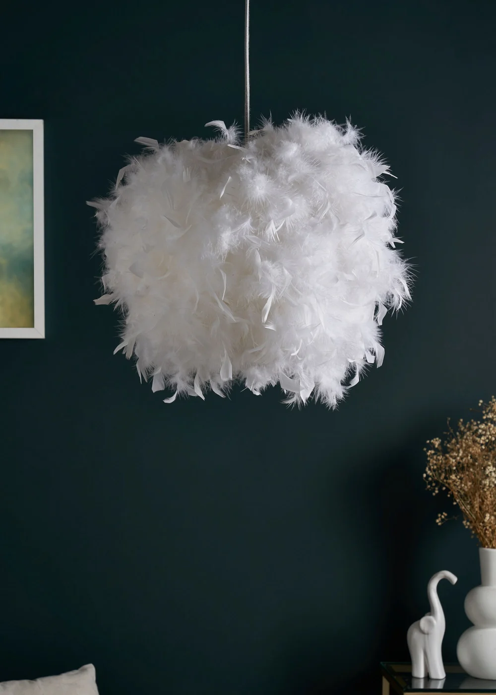 BHS White Plume Feather Ball Pendant Light (112cm x 40cm x 40cm) - One Size Image 1