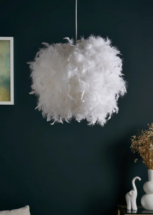 BHS White Plume Feather Ball Pendant Light (112cm x 40cm x 40cm) - One Size Image 1