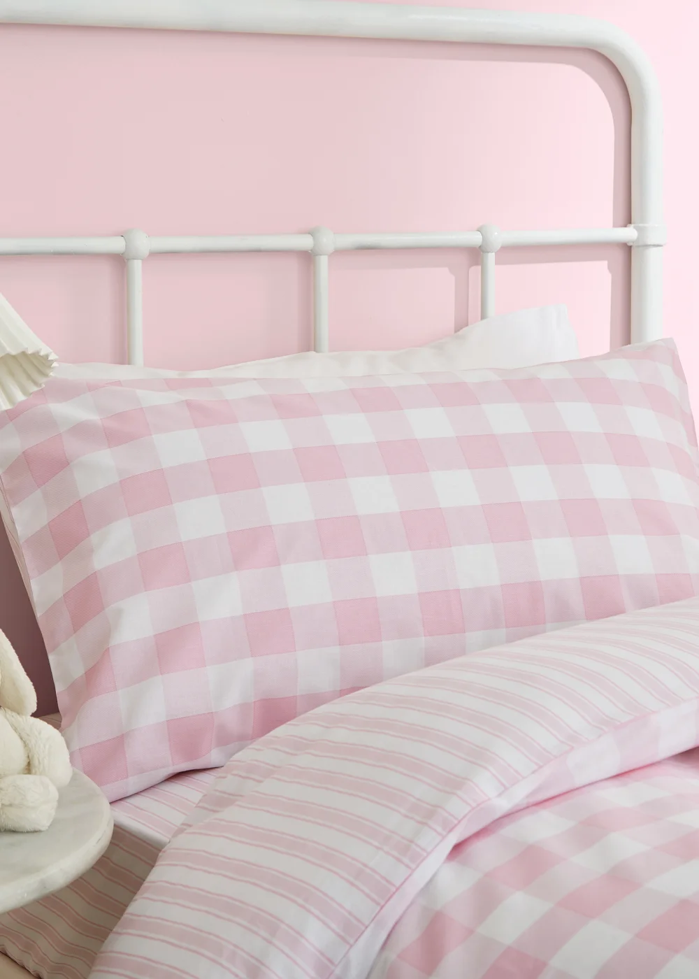 Bianca Fine Linens Check and Stripe Cotton Reversible Duvet Cover Set White Pink - Single Image 2