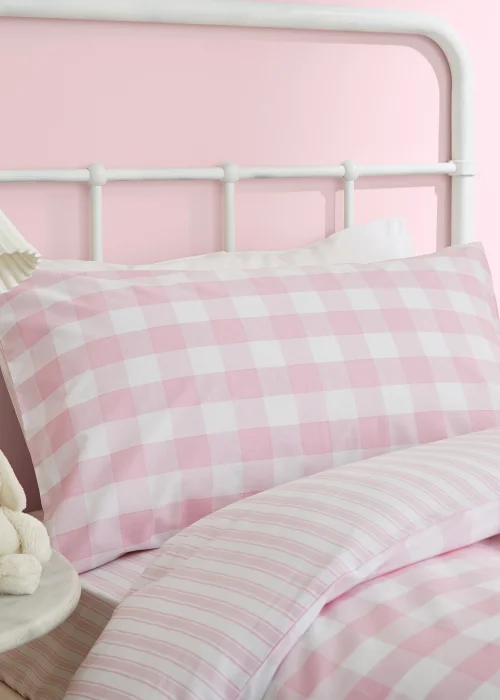 Bianca Fine Linens Check and Stripe Cotton Reversible Duvet Cover Set White Pink - Single Image 2