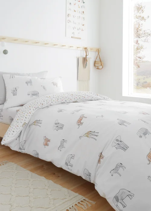 Bianca Fine Linens Zoo Animals Cotton Reversible Duvet Cover Set White - Junior Image 1