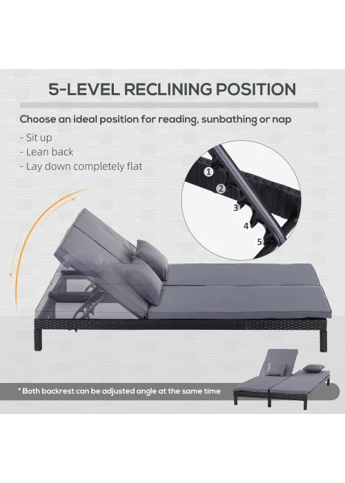 Outsunny 2 Person Rattan Sun Lounger Adjustable - One Size Image 5