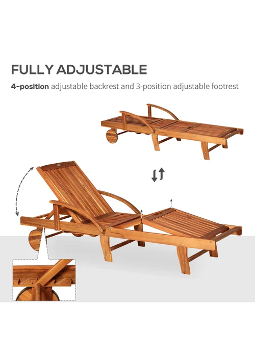 Outsunny Acacia Wood Garden Sun Lounger with Wheels (85cm x 70cm x 195cm) - No Size Image 5