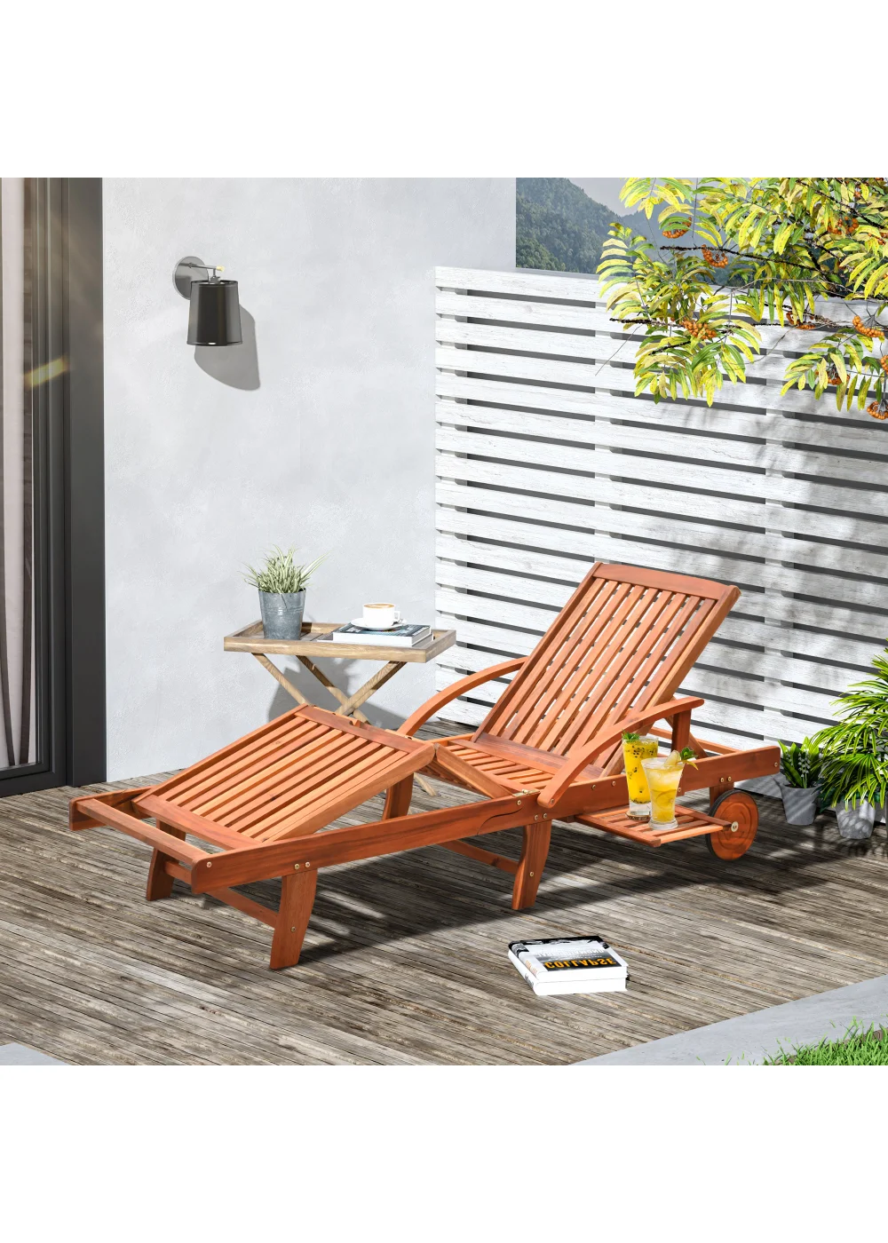 Outsunny Acacia Wood Garden Sun Lounger with Wheels (85cm x 70cm x 195cm) - No Size Image 1