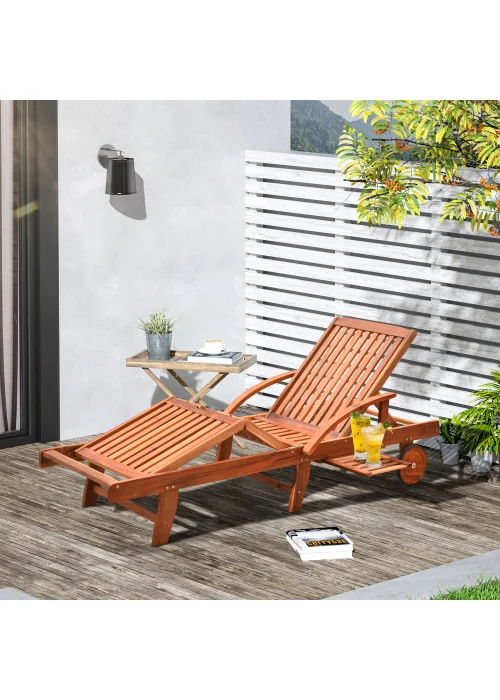 Outsunny Acacia Wood Garden Sun Lounger with Wheels (85cm x 70cm x 195cm) - No Size Image 1