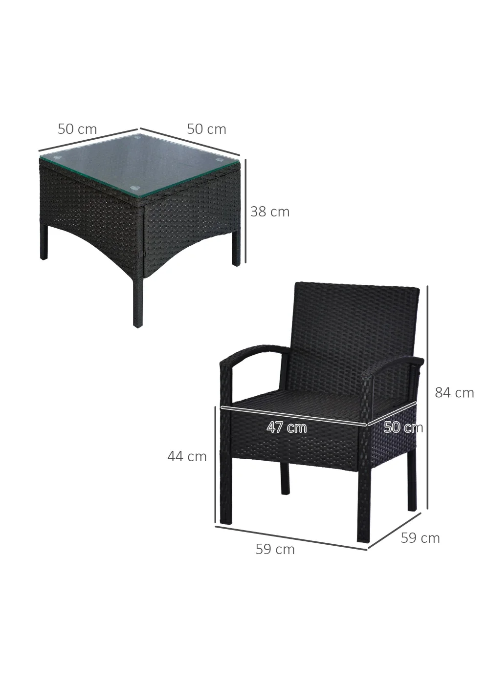 Outsunny 3 Piece Black Rattan Garden Bistro Set (84cm x 59cm x 59cm) - One Size Image 3