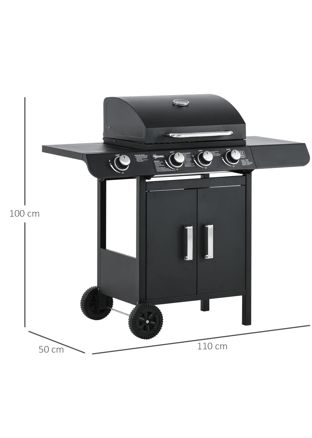 Outsunny Gas Burner Barbecue Grill 3+1 Burner Garden BBQ Trolley 110x50x100cm - No Size Image 3