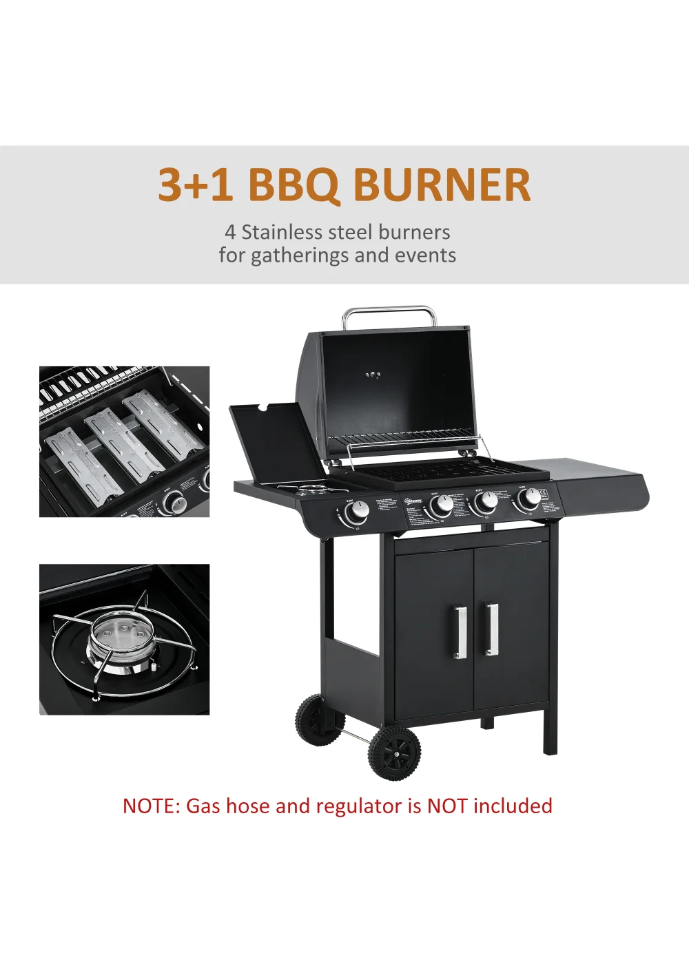Outsunny Gas Burner Barbecue Grill 3+1 Burner Garden BBQ Trolley 110x50x100cm - No Size Image 5