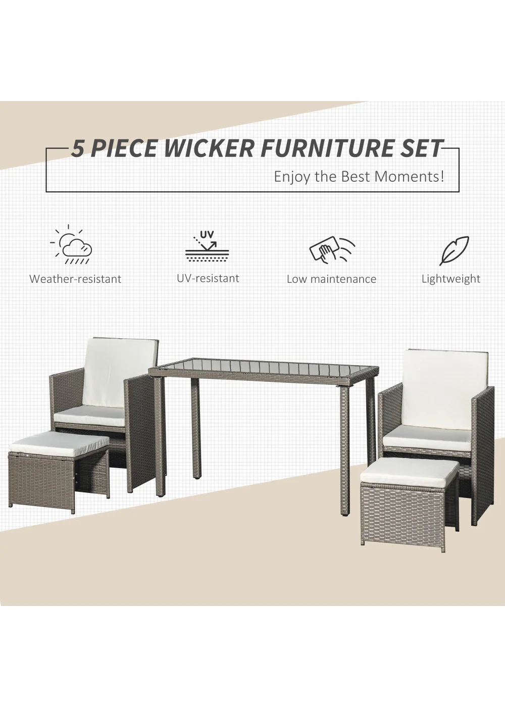 Outsunny 5 Pieces PE Rattan Dining Sets with Cushion - One Size Image 4