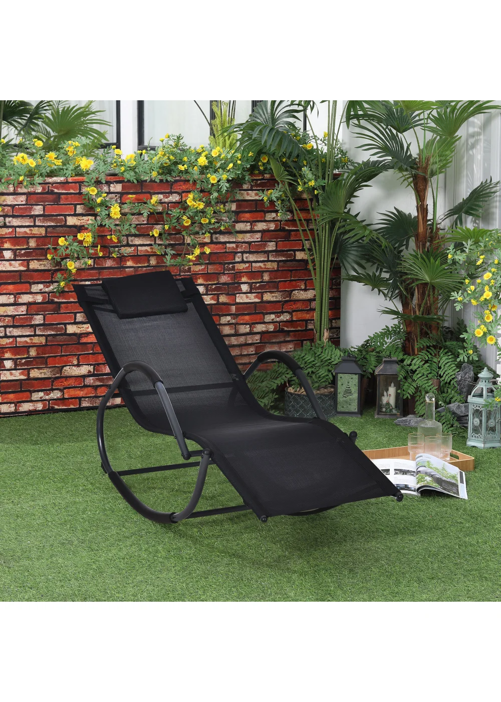 Outsunny Patio Texteline Rocking Lounge Chair Zero Gravity Rocker with Padded Pillow - One Size Image 1