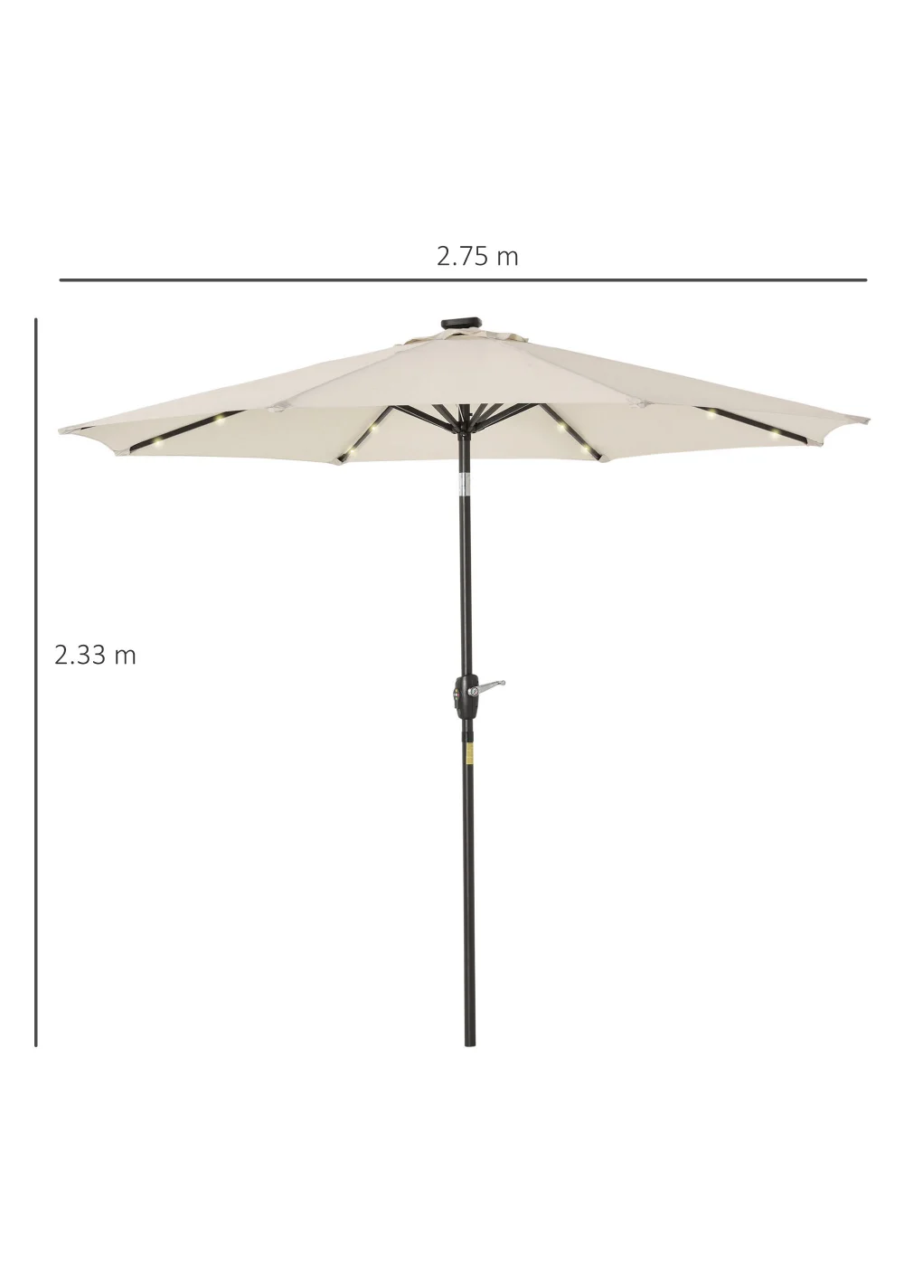 Outsunny Φ2.7m Garden 24 LED Light Parasol Solar Outdoor Tilt Sun Umbrella Patio Sun Shade-White - No Size Image 3