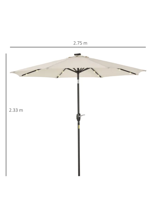 Outsunny Φ2.7m Garden 24 LED Light Parasol Solar Outdoor Tilt Sun Umbrella Patio Sun Shade-White - No Size Image 3