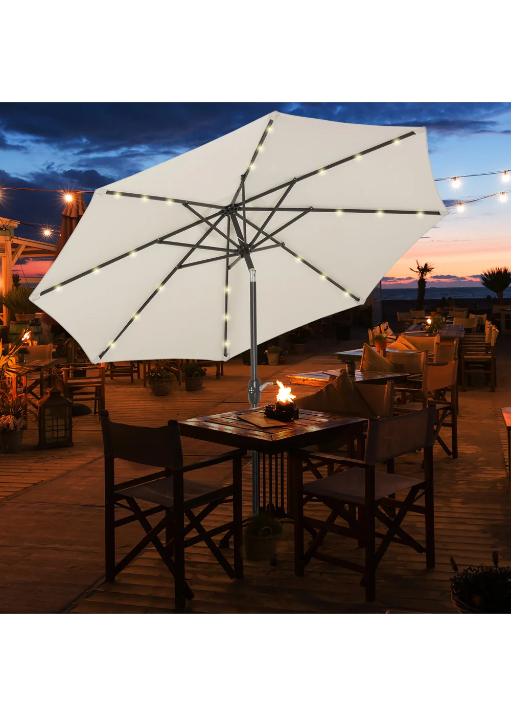 Outsunny Φ2.7m Garden 24 LED Light Parasol Solar Outdoor Tilt Sun Umbrella Patio Sun Shade-White - No Size Image 1