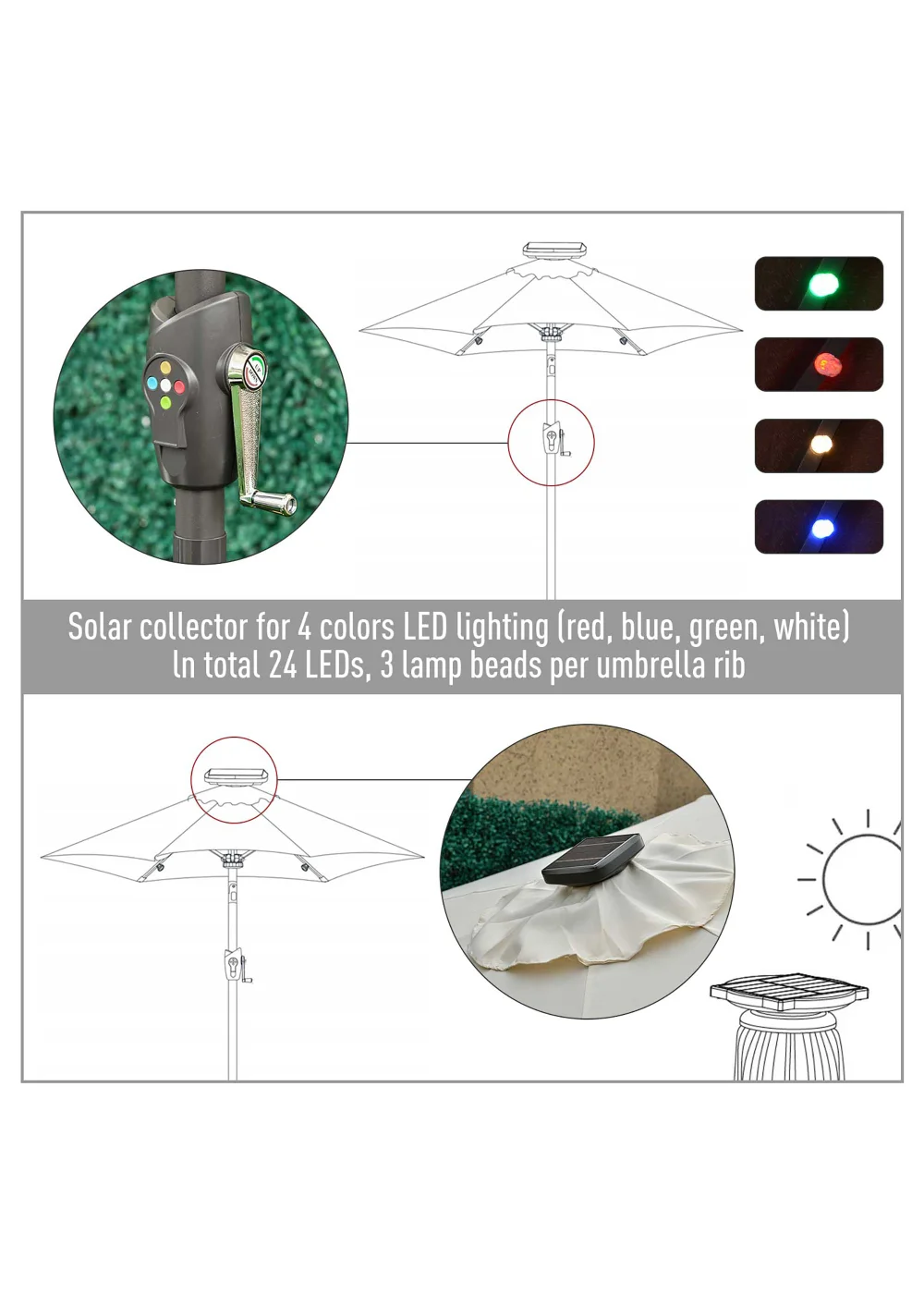 Outsunny Φ2.7m Garden 24 LED Light Parasol Solar Outdoor Tilt Sun Umbrella Patio Sun Shade-White - No Size Image 4