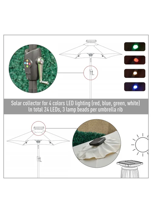 Outsunny Φ2.7m Garden 24 LED Light Parasol Solar Outdoor Tilt Sun Umbrella Patio Sun Shade-White - No Size Image 4