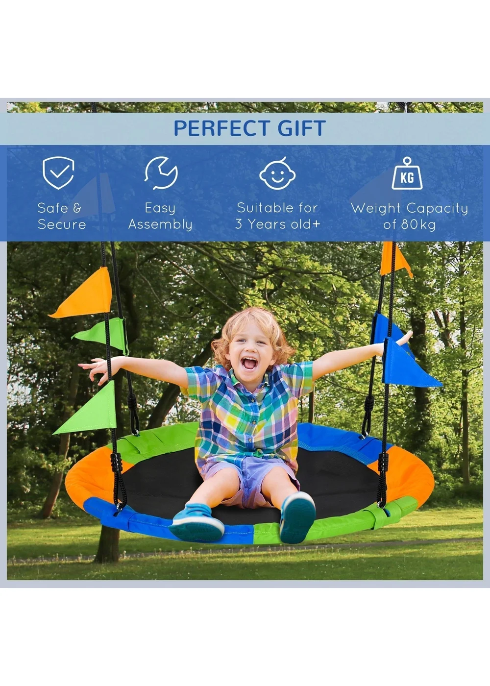 Outsunny Saucer Tree Swing Metal Tube Adjustable Rope Garden Blue Green Orange - One Size Image 3