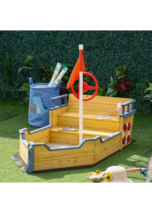 Outsunny Kids Wooden Pirate Ship Sandpit - No Size Image 1