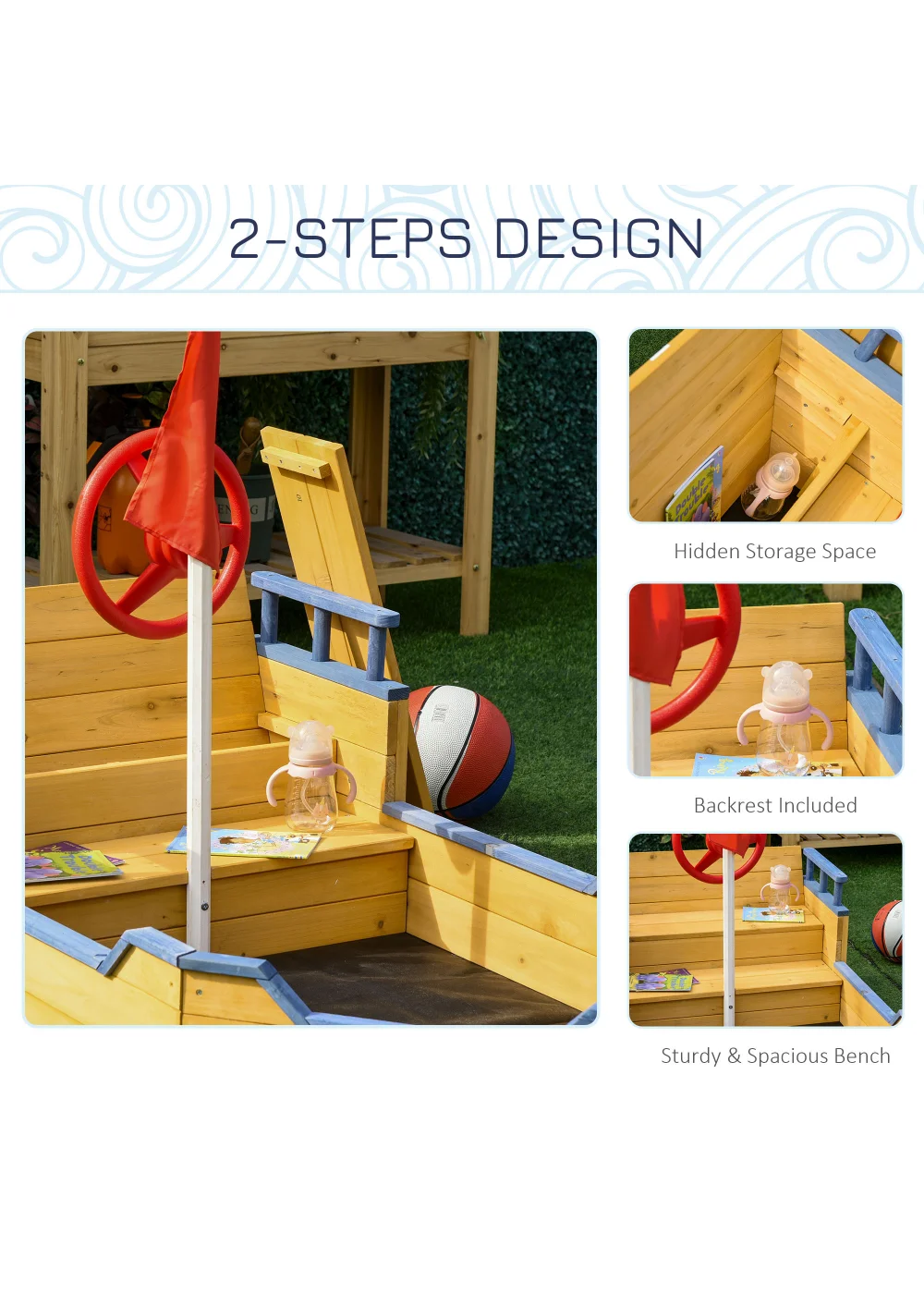 Outsunny Kids Wooden Pirate Ship Sandpit - No Size Image 5