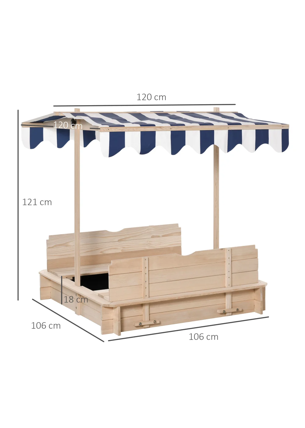 Outsunny Kids Sandpit with Bench & Adjustable Canopy (106cm x 106cm x 121cm) - One Size Image 3