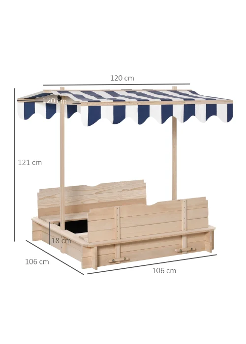 Outsunny Kids Sandpit with Bench & Adjustable Canopy (106cm x 106cm x 121cm) - One Size Image 3