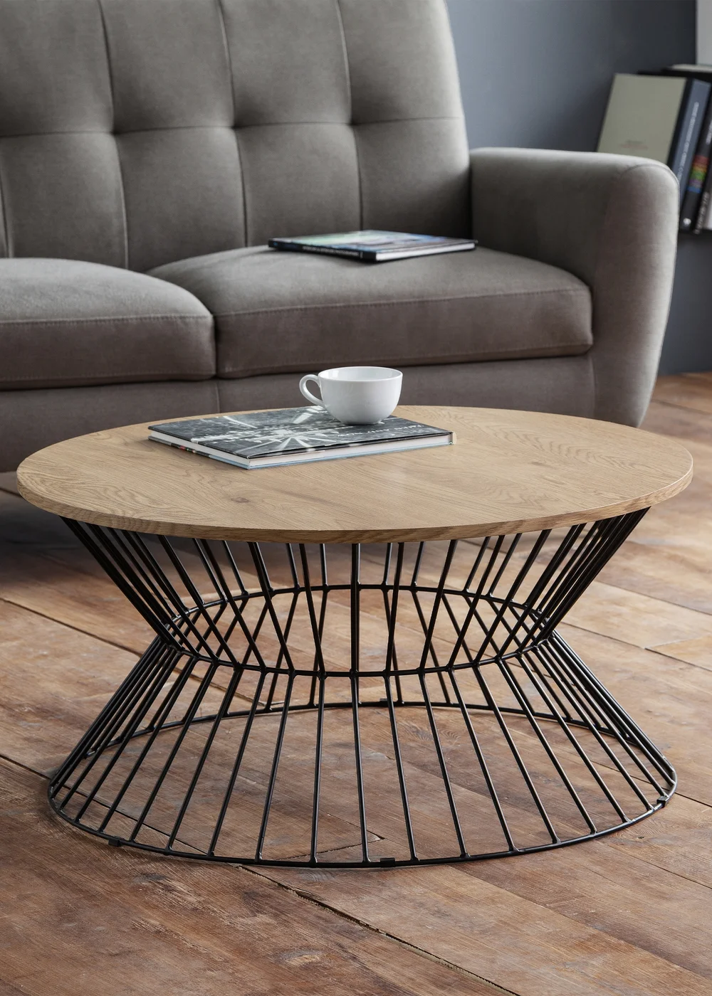 Julian Bowen Jersey Round Wire Coffee Table Euro Oak & Black (40 x 80 x 80 cm) - No Size Image 1