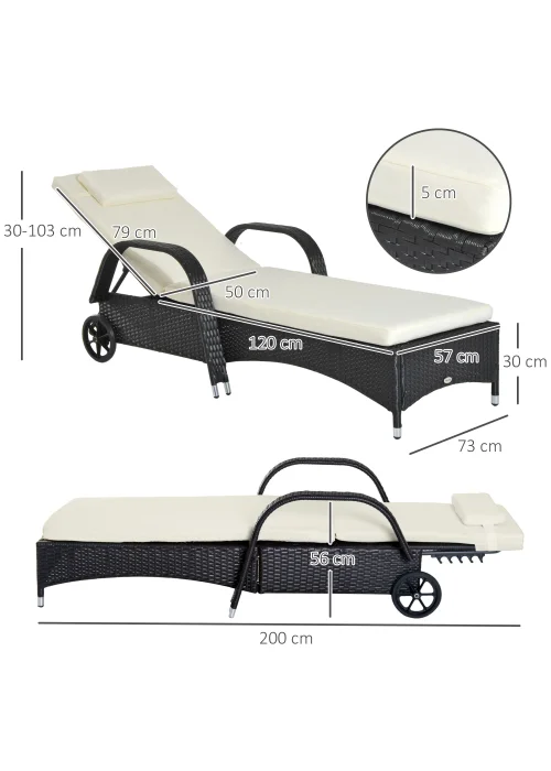 Outsunny Adjustable Wicker Rattan Sun Lounger (200cm x 73cm x 30-103cm) - No Size Image 3