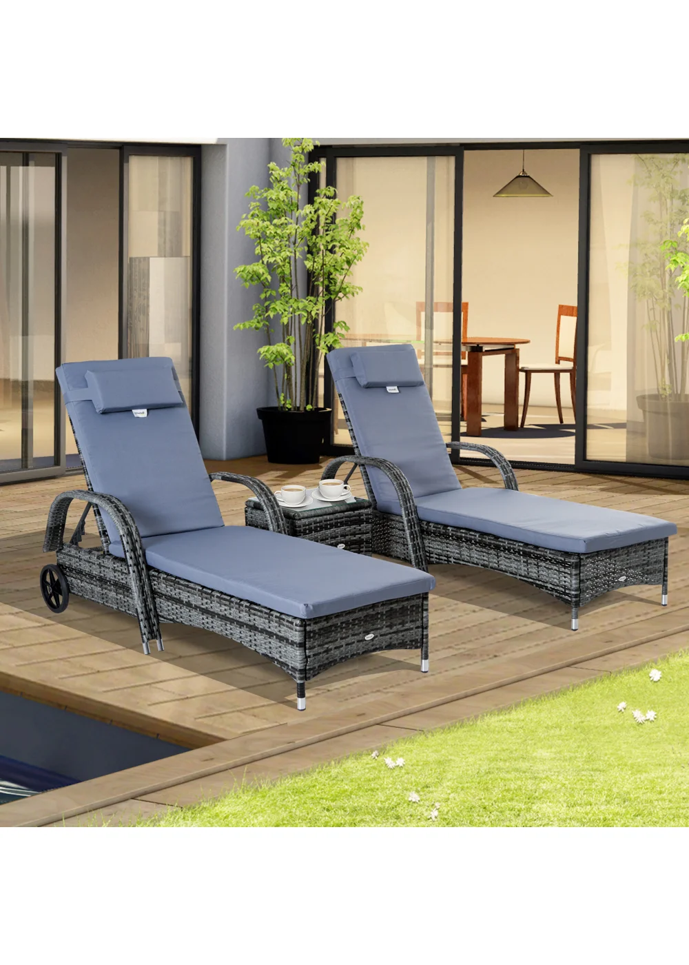 Outsunny 3 Pieces PE Rattan Patio Lounge Chair Set - No Size Image 1